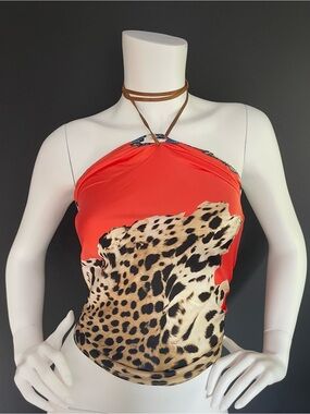 ROBERTO CAVALLI Vintage S/S 2003 Silk Red Leo Print Draped Scarf Halter Top S